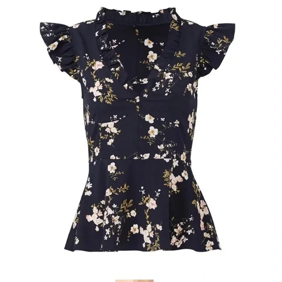 Tome NYC Lilian Navy Floral Flutter Sleeve V Neck Top Blouse - Picture 1 of 9